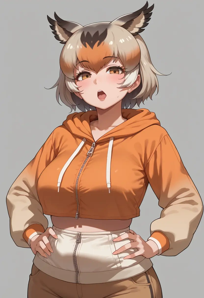 kemono_friends,northern_white-faced_owl_(kemono_friends),crop hoodie,shorts  - 