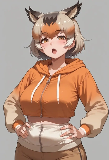 kemono_friends,northern_white-faced_owl_(kemono_friends),crop hoodie,shorts  - AI generated anime art