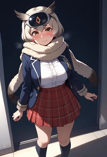 kemono_friends,northern_white-faced_owl_(kemono_friends),winter,student uniform,plaid skirt  - AI generated anime art