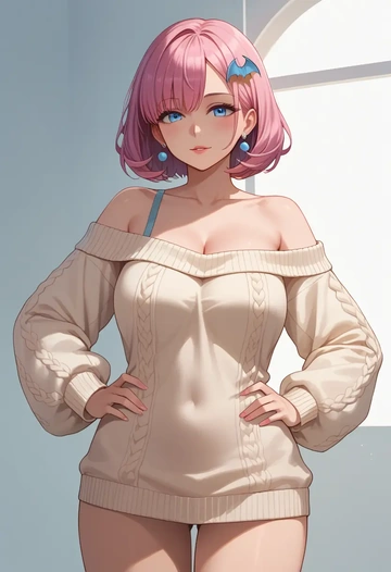 little_busters,noumi_kudryavka,Hands on hips,off-shoulder,sweater  - AI generated anime art