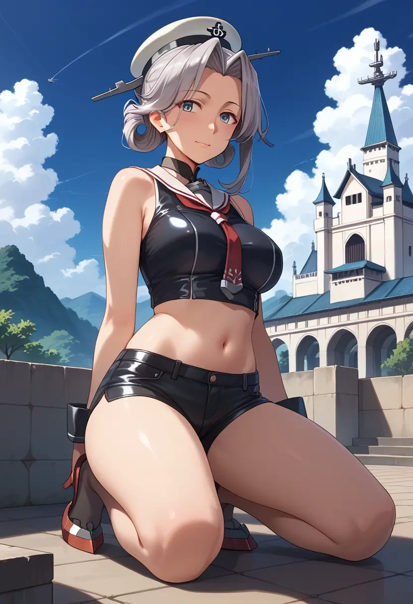 kantai_collection,nowaki_(kancolle),leather,shorts,crop top  - 