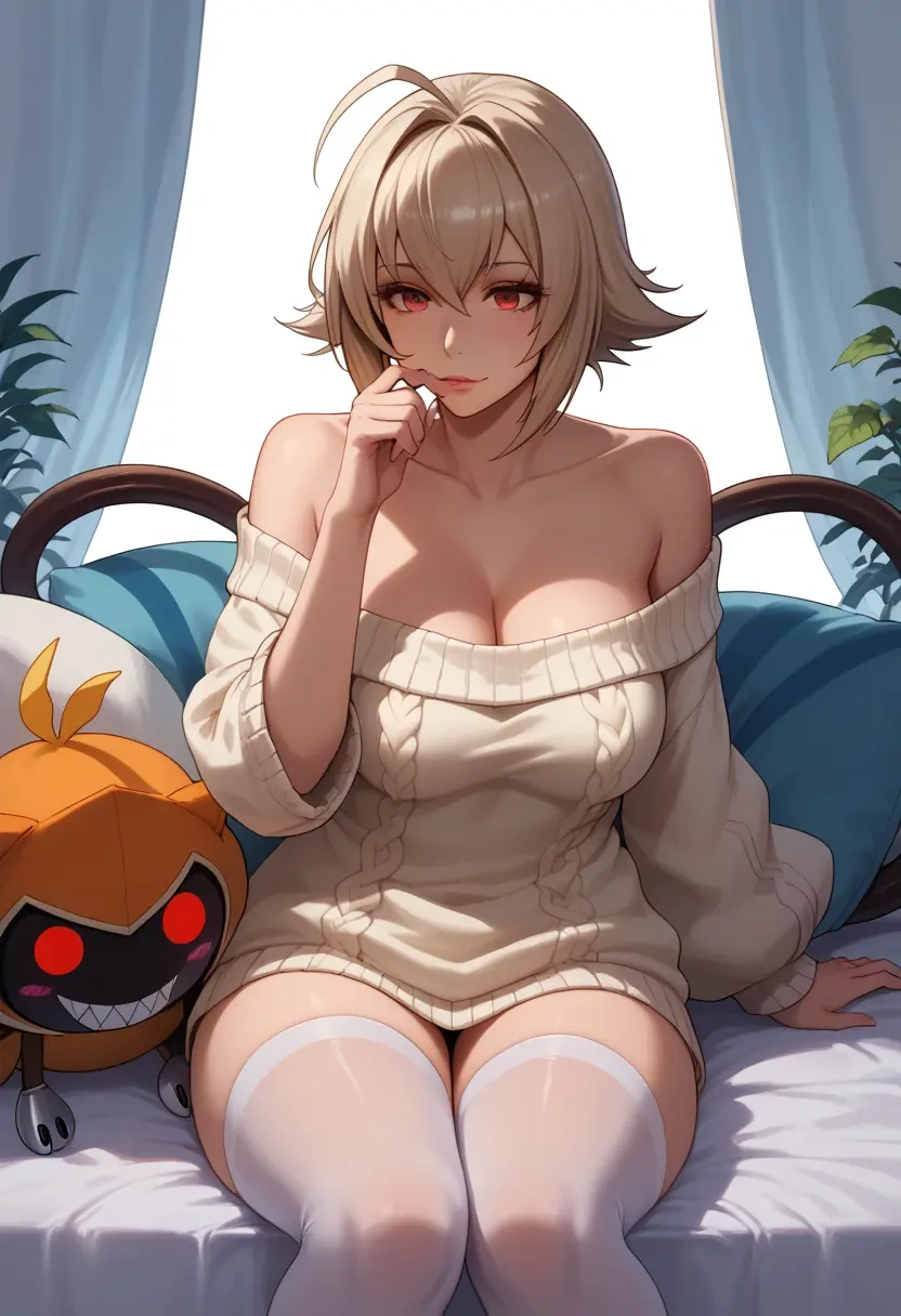 blazblue,nu-13,cross-legged,Head resting on hand,off-shoulder,sweater  - 