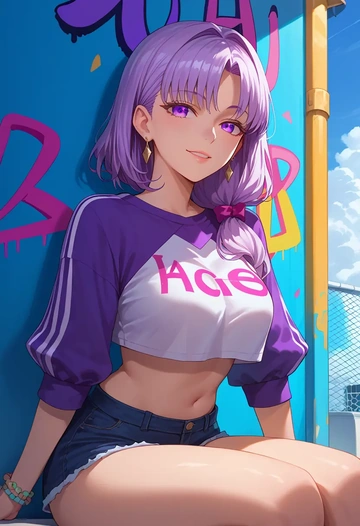 fate_(series),nursery_rhyme_(fate),cropped graffiti sweatshirt,dolphin shorts  - AI generated anime art