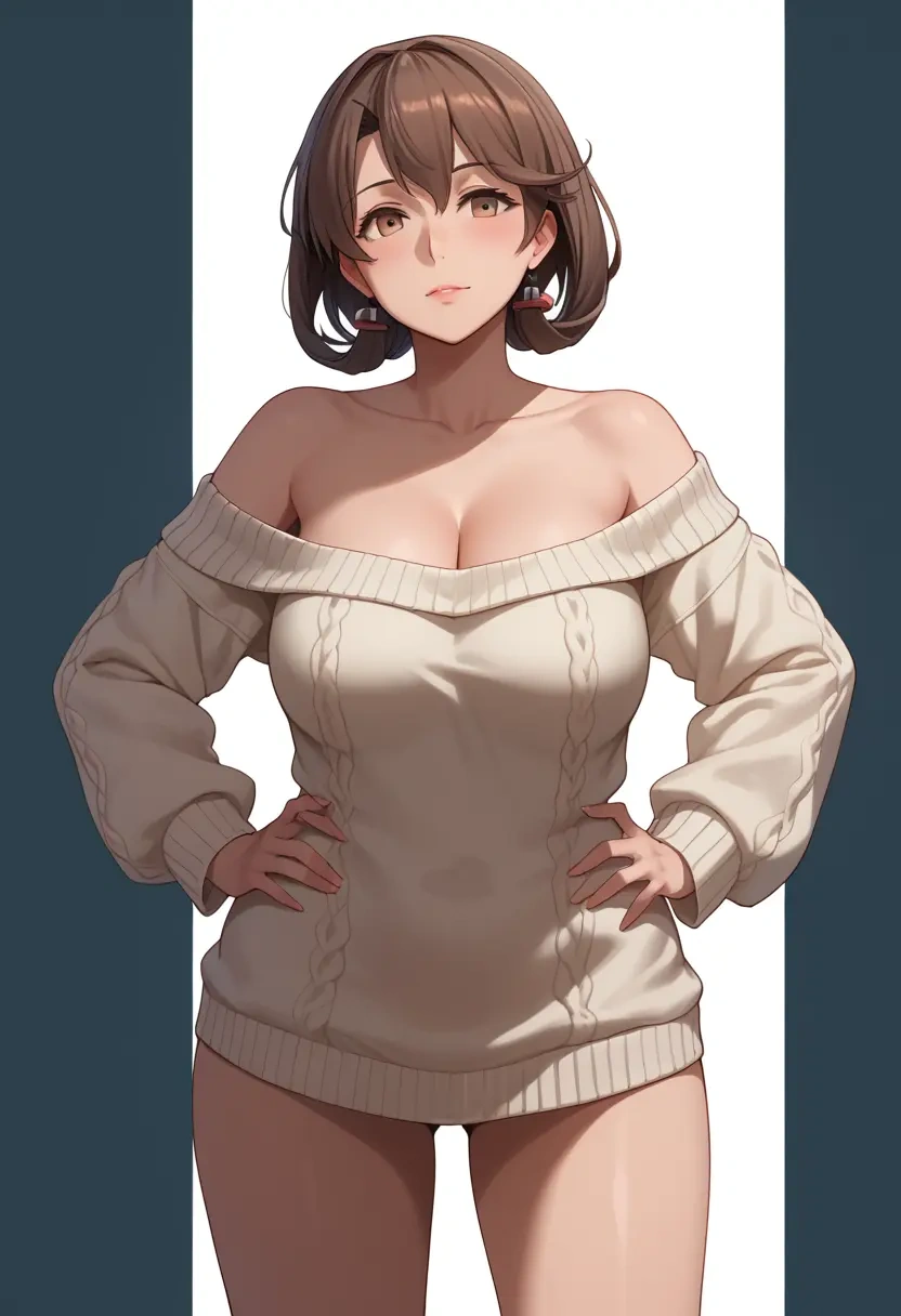 kantai_collection,oboro_(kancolle),Hands on hips,off-shoulder,sweater  - 