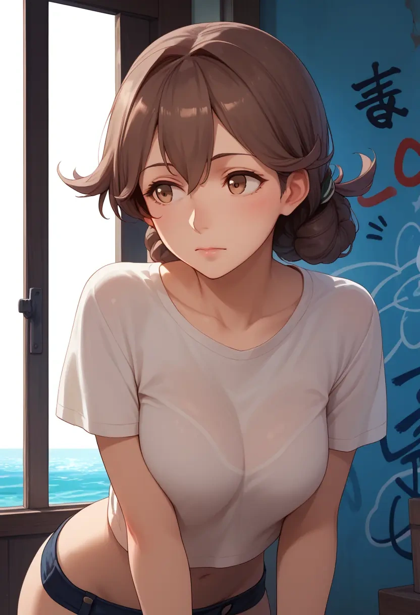 kantai_collection,oboro_(kancolle),crop graffiti tee,dolphin shorts  - 