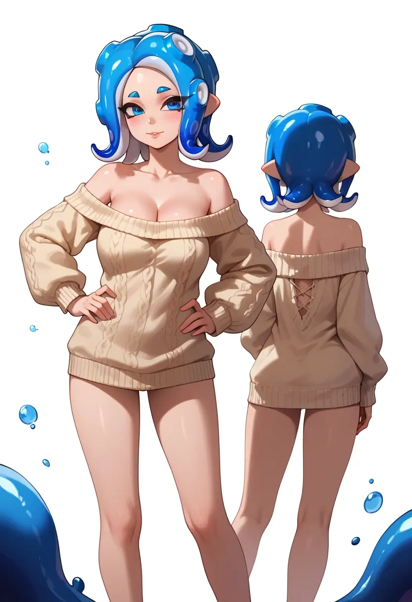 splatoon_(series),octoling_girl,Hands on hips,off-shoulder,sweater  - 