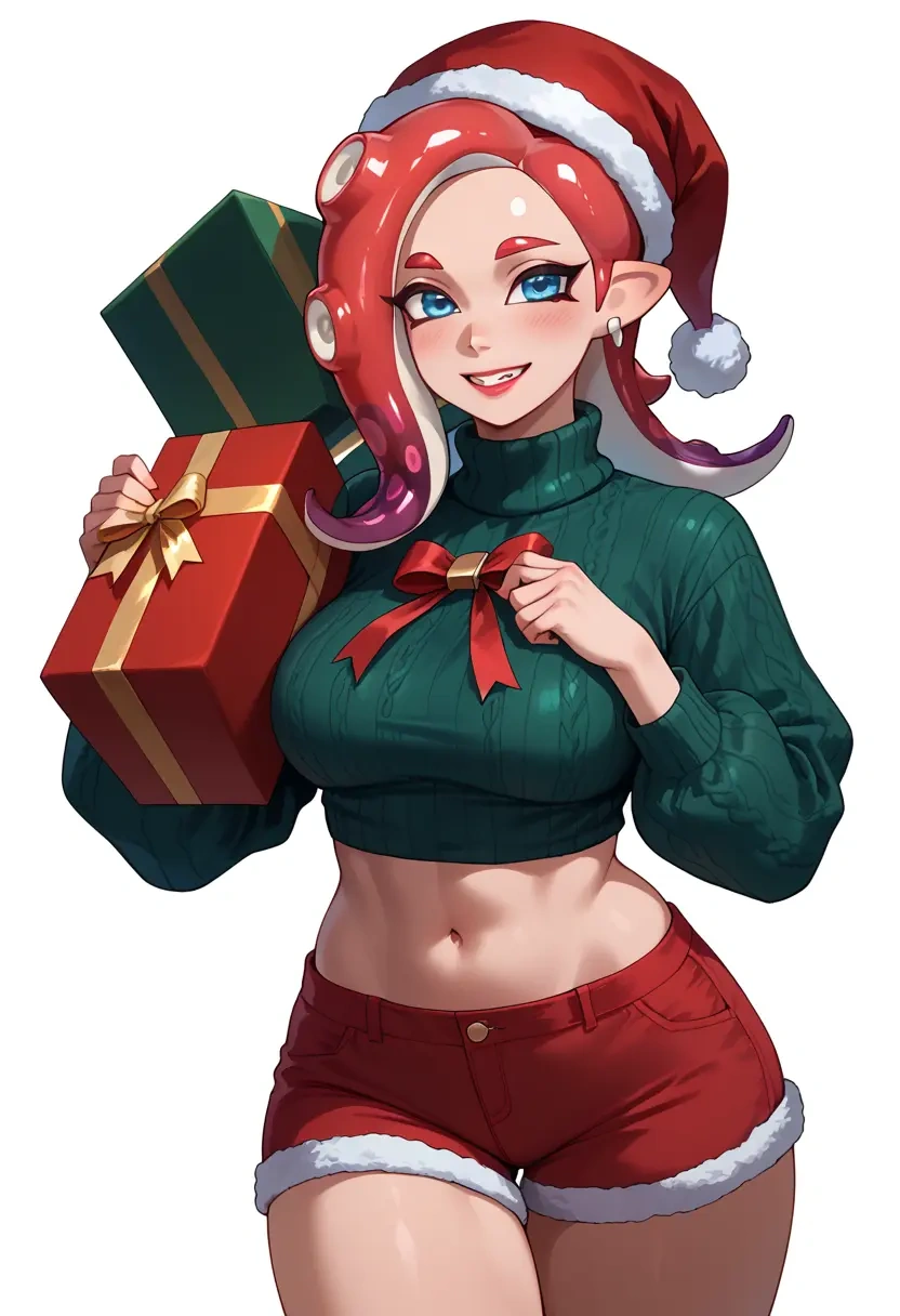 splatoon_(series),octoling_girl,Christmas,red velvet shorts,turtleneck sweater  - 