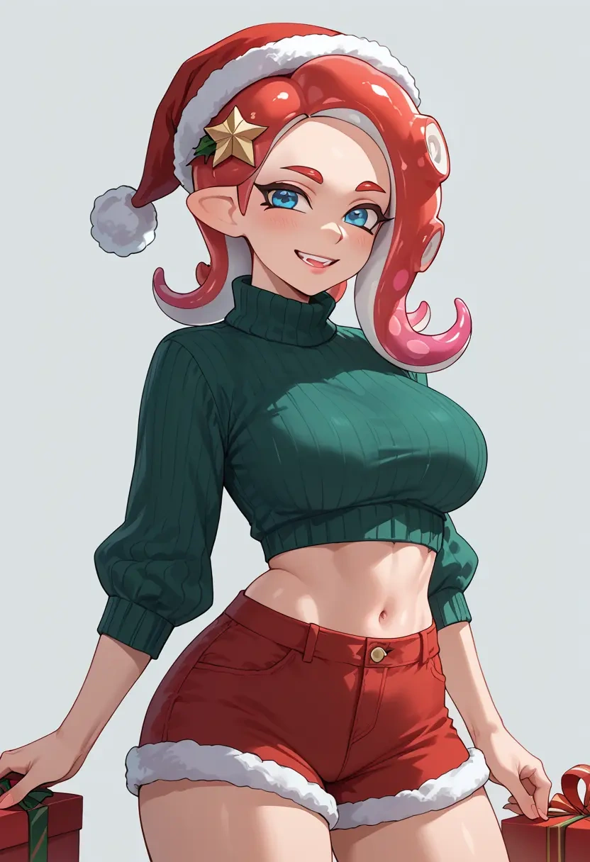 splatoon_(series),octoling_girl,Christmas,red velvet shorts,turtleneck sweater  - 