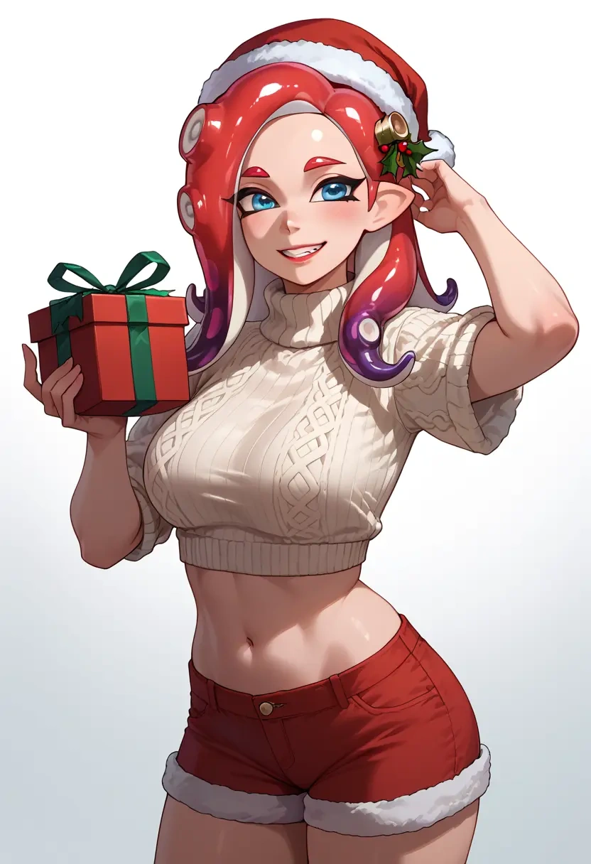 splatoon_(series),octoling_girl,Christmas,red velvet shorts,turtleneck sweater  - 