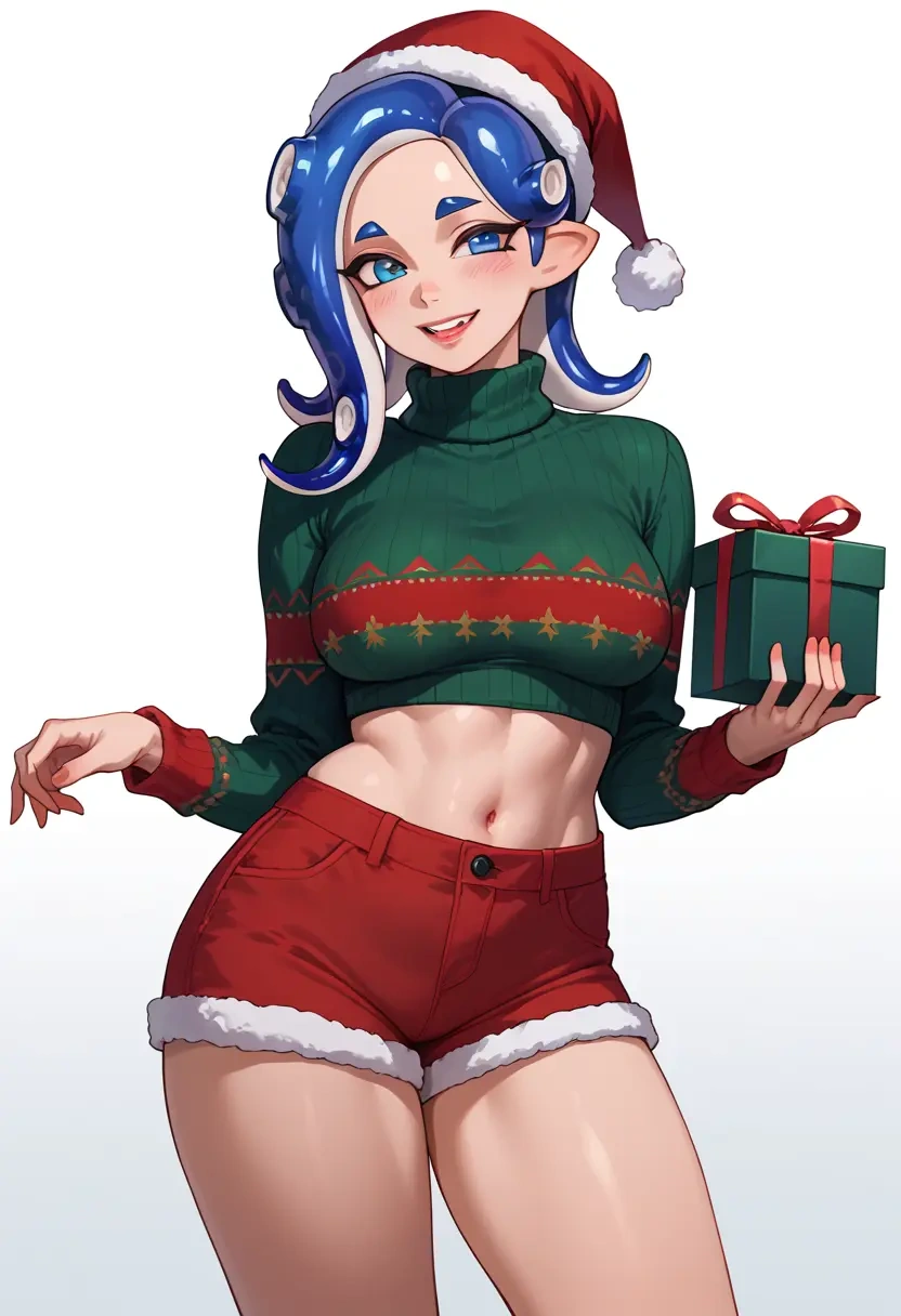 splatoon_(series),octoling_girl,Christmas,red velvet shorts,turtleneck sweater  - 