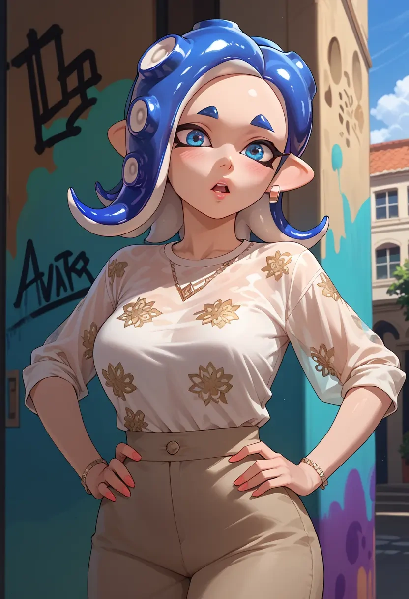 splatoon_(series),octoling_girl,silk graffiti shirt,dolphin shorts  - 