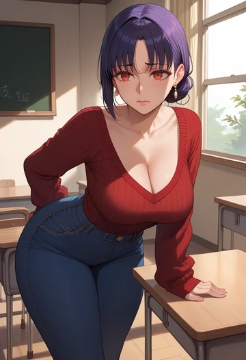 fate_(series),oda_nobunaga_(fate),teacher, sweater, jeans shorts  - AI generated anime art