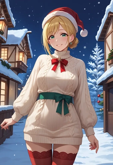 idolmaster,ohtsuki_yui,Christmas,sweater dress,stockings  - AI generated anime art