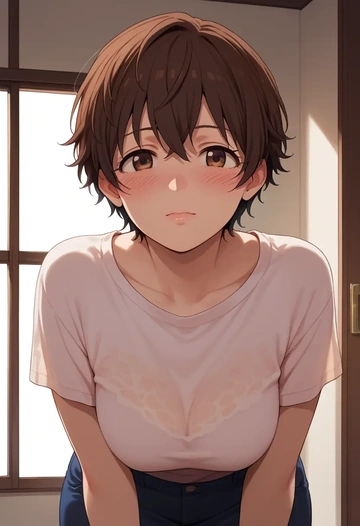 idolmaster,oikawa_shizuku,pop art shirt,dolphin shorts  - AI generated anime art