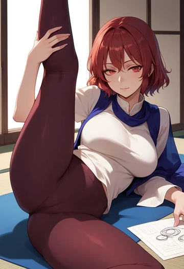 touhou,okazaki_yumemi,yoga, leggings,spread legs,one leg up,sexy  - AI generated anime art