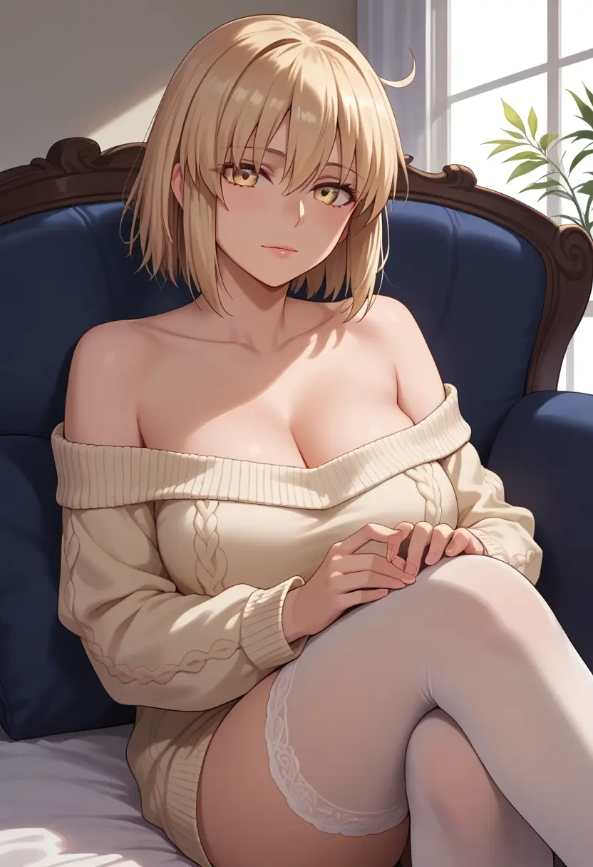 fate_(series),okita_souji_(fate),cross-legged,Head resting on hand,off-shoulder,sweater  - 