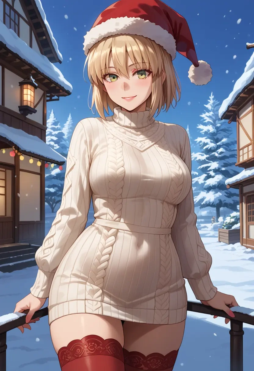 fate_(series),okita_souji_(fate),Christmas,sweater dress,stockings  - 