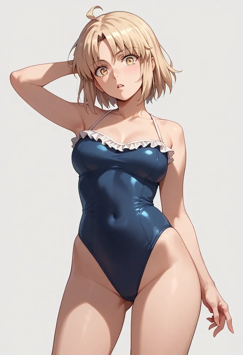 fate_(series),okita_souji_(fate),retro style swimsuit,frilled neckline,bow detail  - 