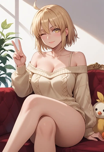 fate_(series),okita_souji_(koha_ace),off-shoulder,sweater  - AI generated anime art