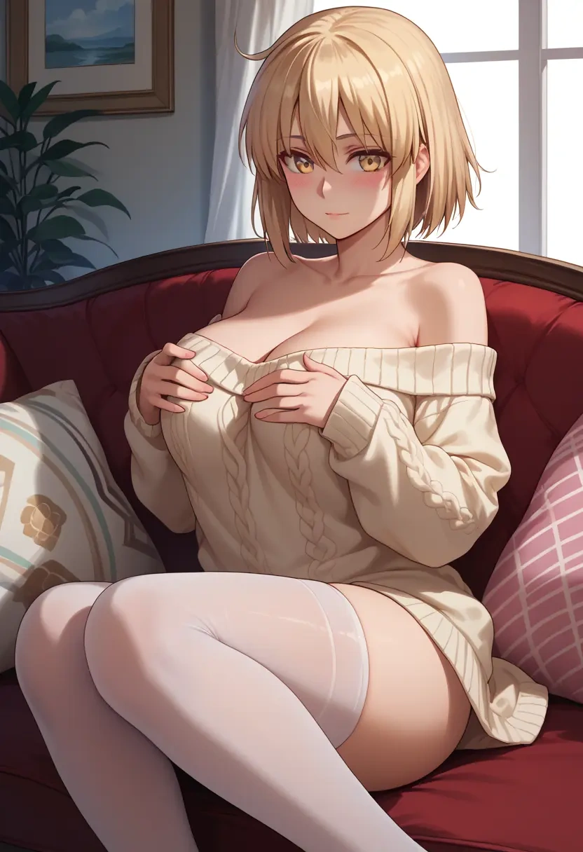 fate_(series),okita_souji_(koha_ace),blushing,off-shoulder,sweater,stockings  - 