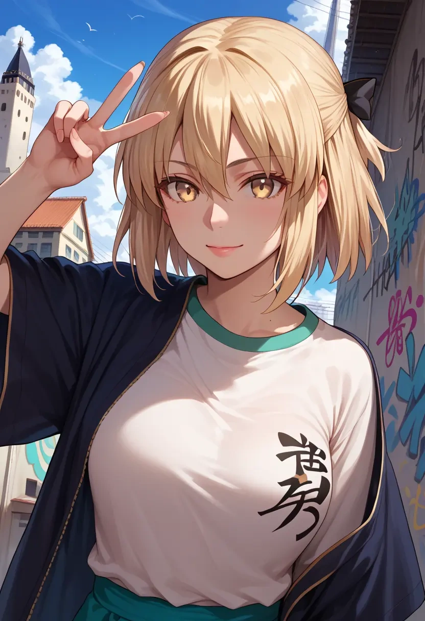 fate_(series),okita_souji_(koha_ace),oversized graffiti shirt,dolphin shorts  - 