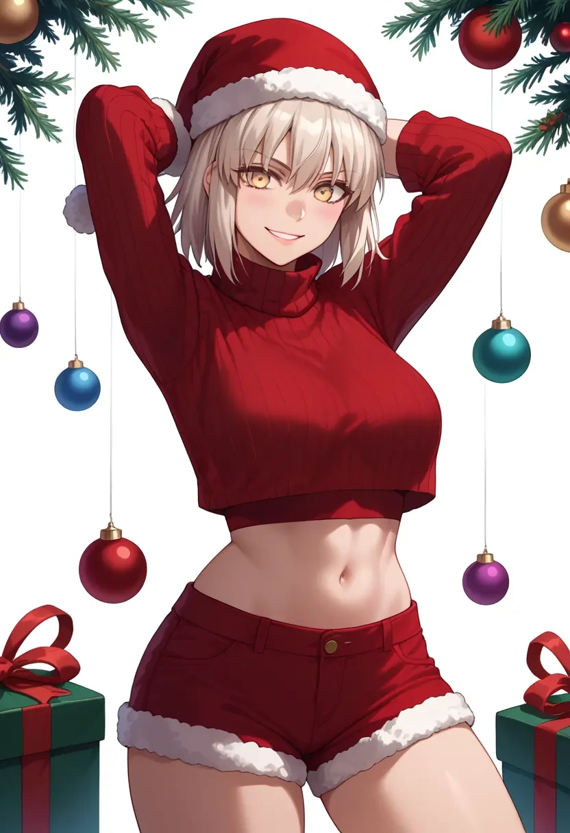 fate_(series),okita_souji_alter_(fate),Christmas,red velvet shorts,turtleneck sweater  - 