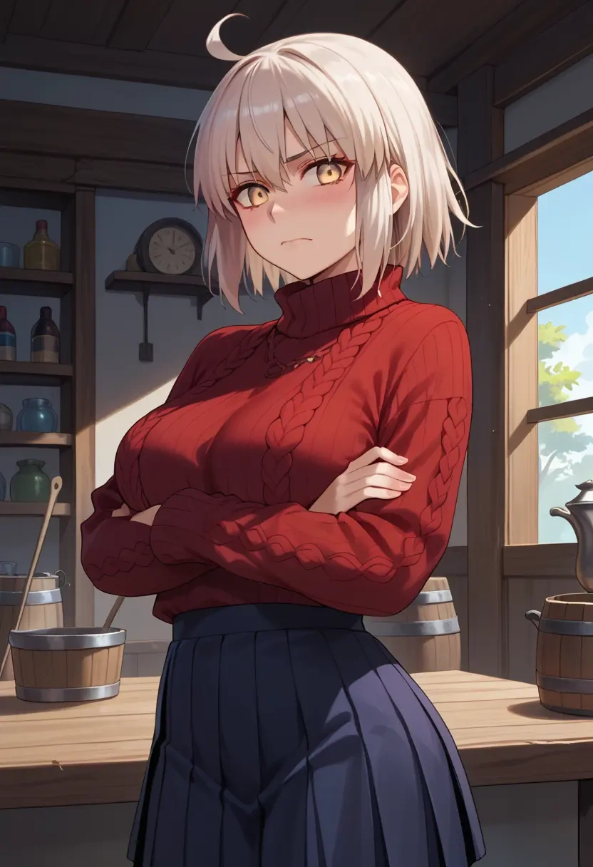 fate_(series),okita_souji_alter_(fate),sweater,cropped,pleated midi skirt  - 