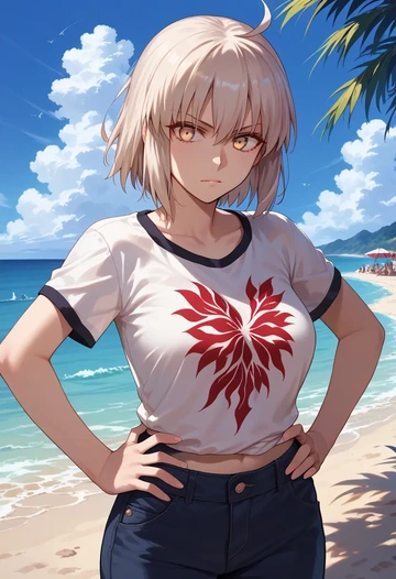 fate_(series),okita_souji_alter_(fate),pop art shirt,dolphin shorts  - AI generated anime art