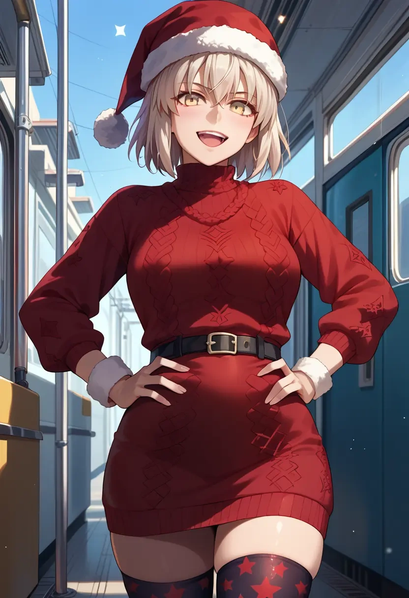 fate_(series),okita_souji_alter_(fate),Christmas,sweater dress,stockings  - 