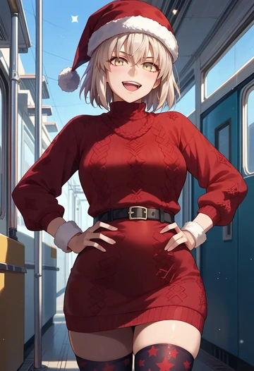 fate_(series),okita_souji_alter_(fate),Christmas,sweater dress,stockings  - AI generated anime art