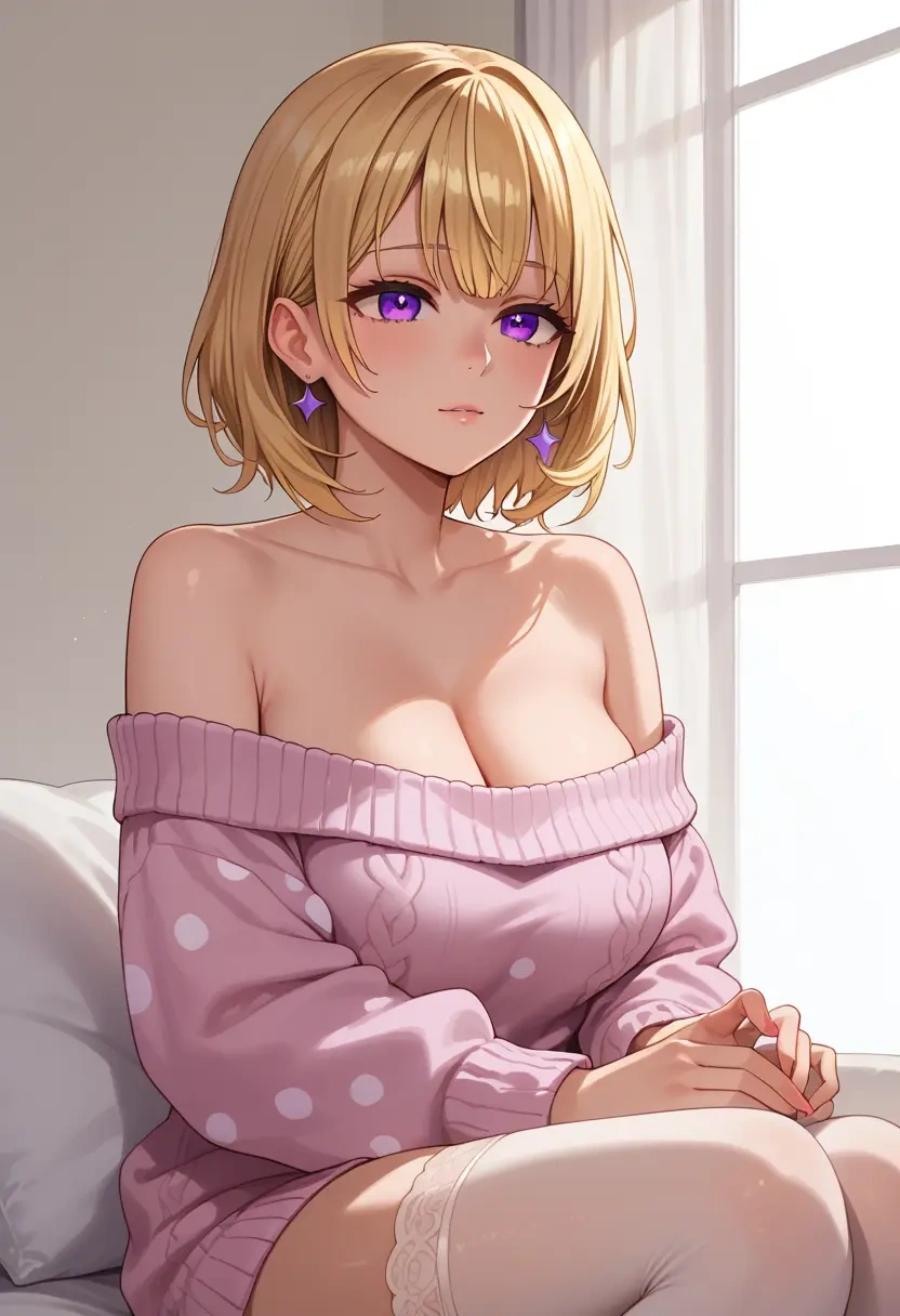 hololive,omaru_polka,cross-legged,Head resting on hand,off-shoulder,sweater  - 