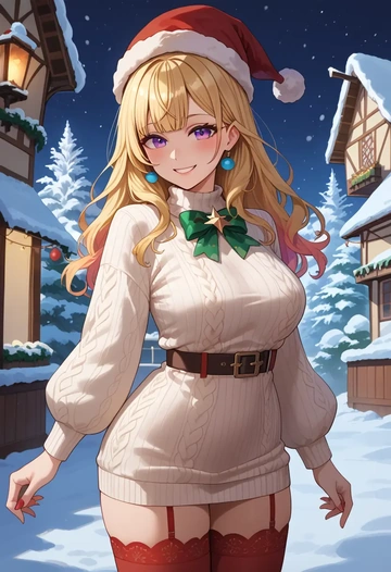 hololive,omaru_polka,Christmas,sweater dress,stockings  - AI generated anime art