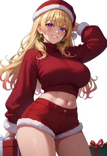 hololive,omaru_polka,Christmas,red velvet shorts,turtleneck sweater  - AI generated anime art