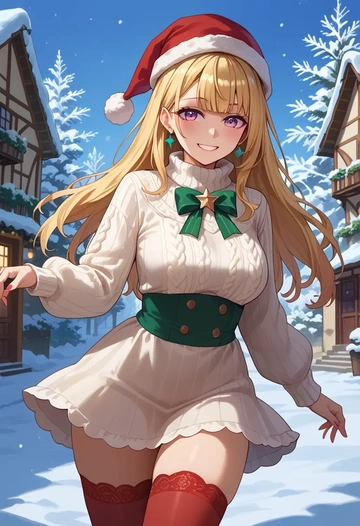 hololive,omaru_polka,Christmas,sweater dress,stockings  - AI generated anime art