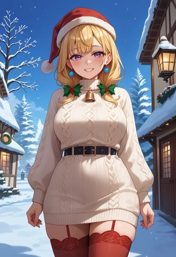 hololive,omaru_polka,Christmas,sweater dress,stockings  - AI generated anime art