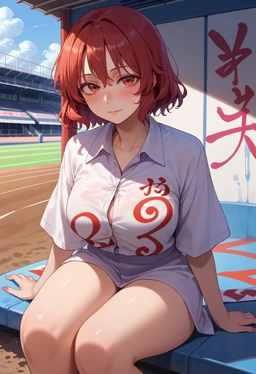 touhou,onozuka_komachi,oversized graffiti shirt,dolphin shorts  - AI generated anime art