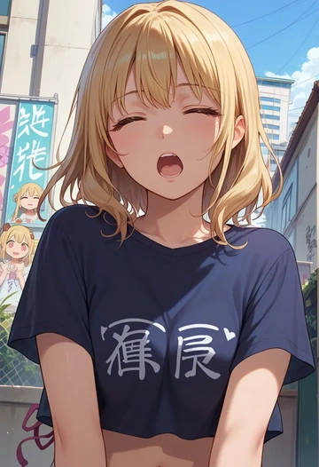 yuru_yuri,oomuro_sakurako,crop graffiti tee,dolphin shorts  - AI generated anime art