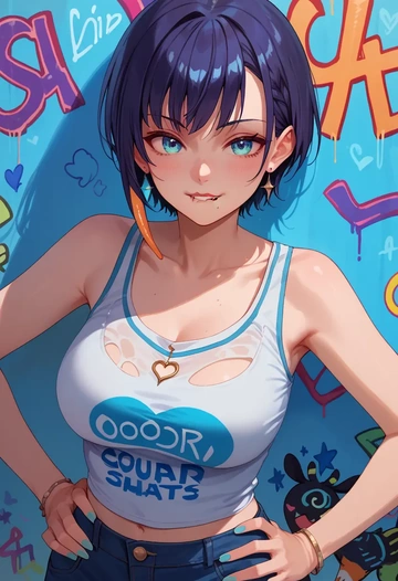 hololive,oozora_subaru,abstract graffiti tank,dolphin shorts  - AI generated anime art