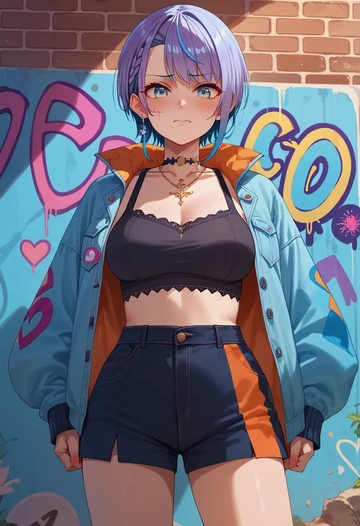 hololive,oozora_subaru,patchwork graffiti top,dolphin shorts  - AI generated anime art