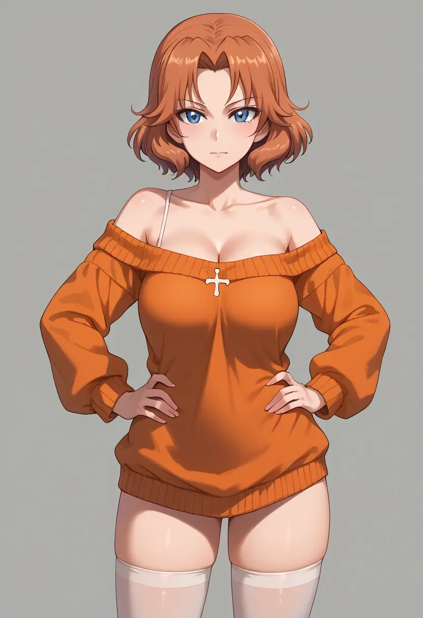 girls_und_panzer,orange_pekoe_(girls_und_panzer),Hands on hips,off-shoulder,sweater,stockings  - 