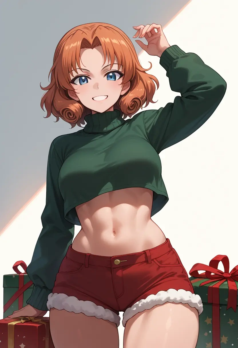 girls_und_panzer,orange_pekoe_(girls_und_panzer),Christmas,red velvet shorts,turtleneck sweater  - 