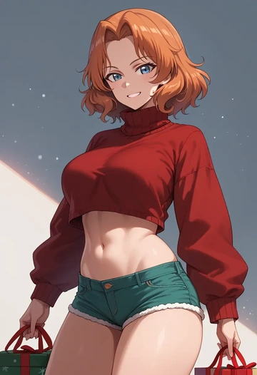 girls_und_panzer,orange_pekoe_(girls_und_panzer),Christmas,red velvet shorts,turtleneck sweater  - AI generated anime art