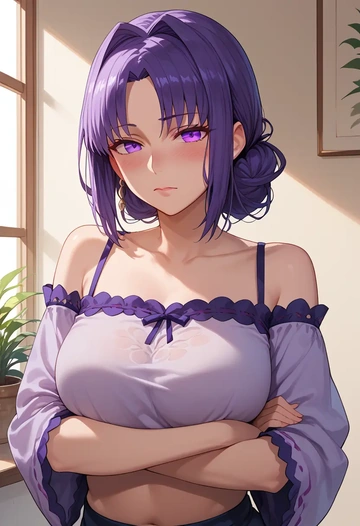 fate_(series),osakabehime_(fate),off-shoulder top,dolphin shorts  - AI generated anime art