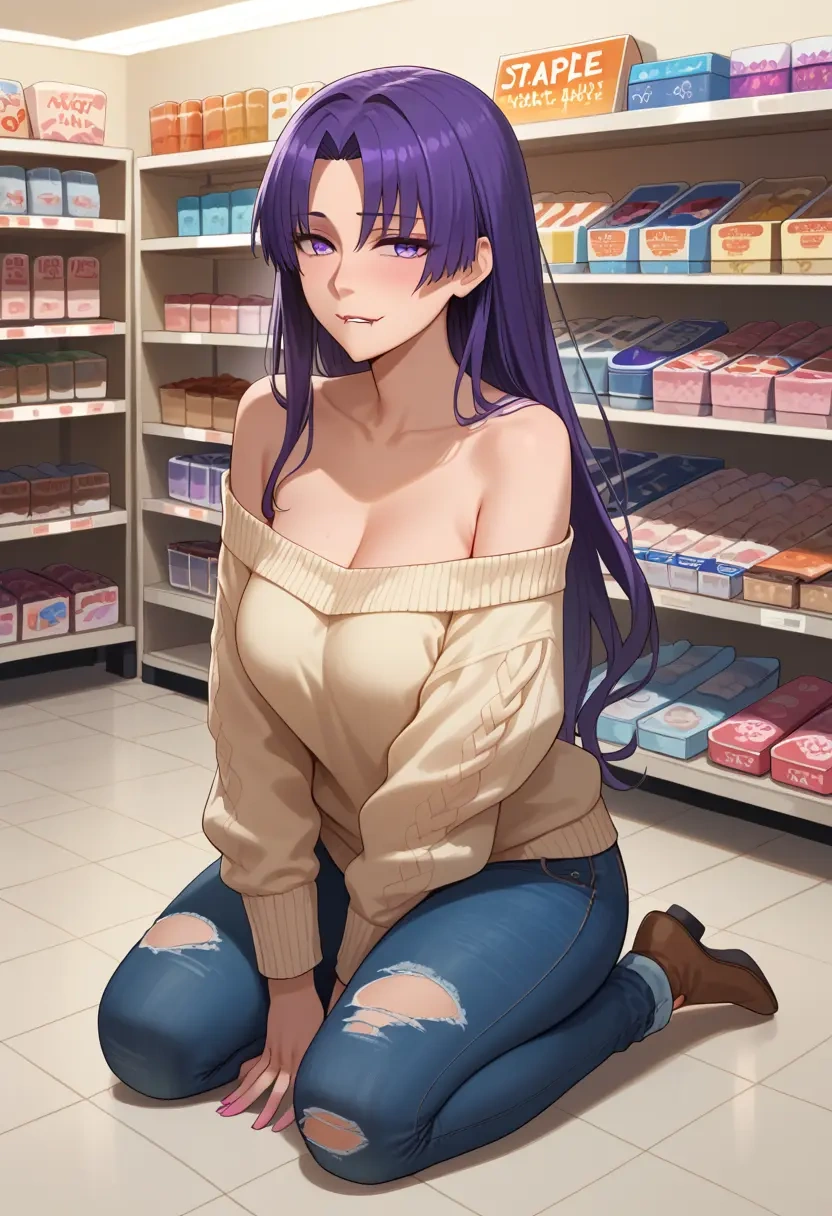 fate_(series),osakabehime_(fate),sweater,off-shoulder,ripped jeans  - 