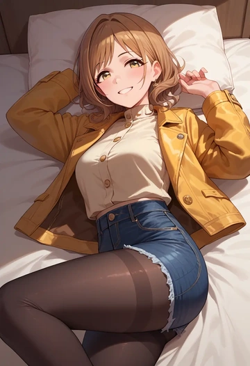 idolmaster,osaki_amana,denim jacket,cropped,leather leggings  - AI generated anime art