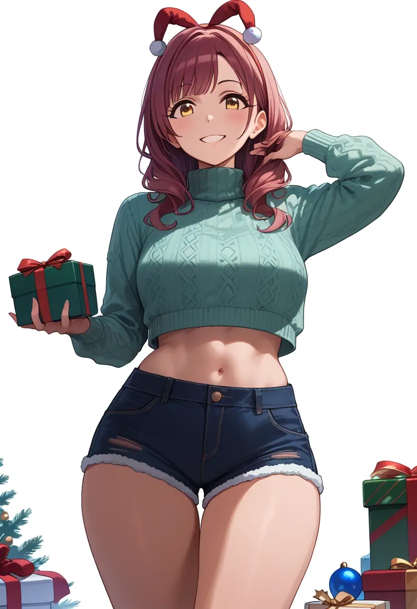 idolmaster,osaki_tenka,Christmas,red velvet shorts,turtleneck sweater  - 