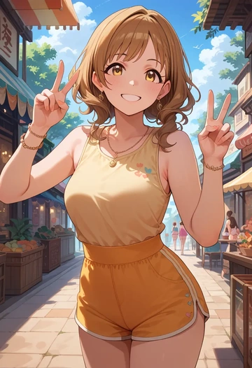 idolmaster,osaki_tenka,sleeveless swim top,shorts-style bottom,contrast stitching  - AI generated anime art