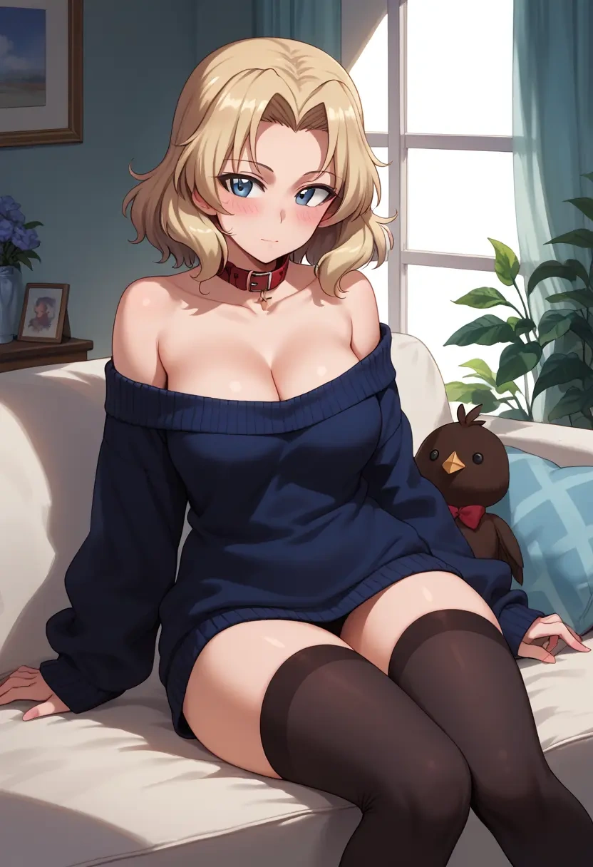 girls_und_panzer,oshida_(girls_und_panzer),blushing,collar,off-shoulder,sweater,stockings  - 