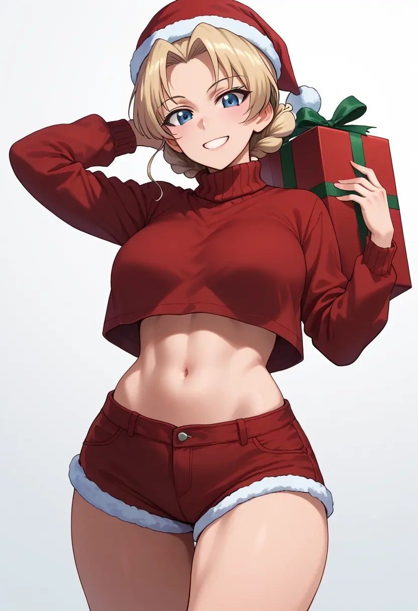 girls_und_panzer,oshida_(girls_und_panzer),Christmas,red velvet shorts,turtleneck sweater  - 