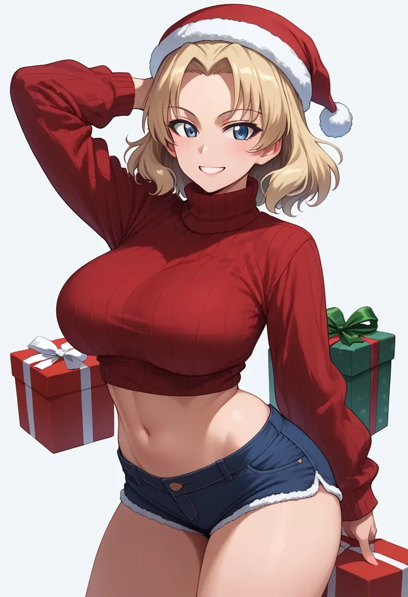 girls_und_panzer,oshida_(girls_und_panzer),Christmas,red velvet shorts,turtleneck sweater  - 